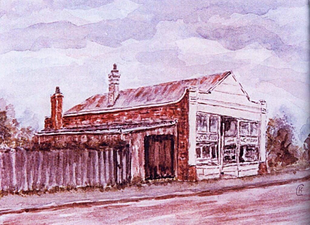 A watercolour painting of an old General Store. 